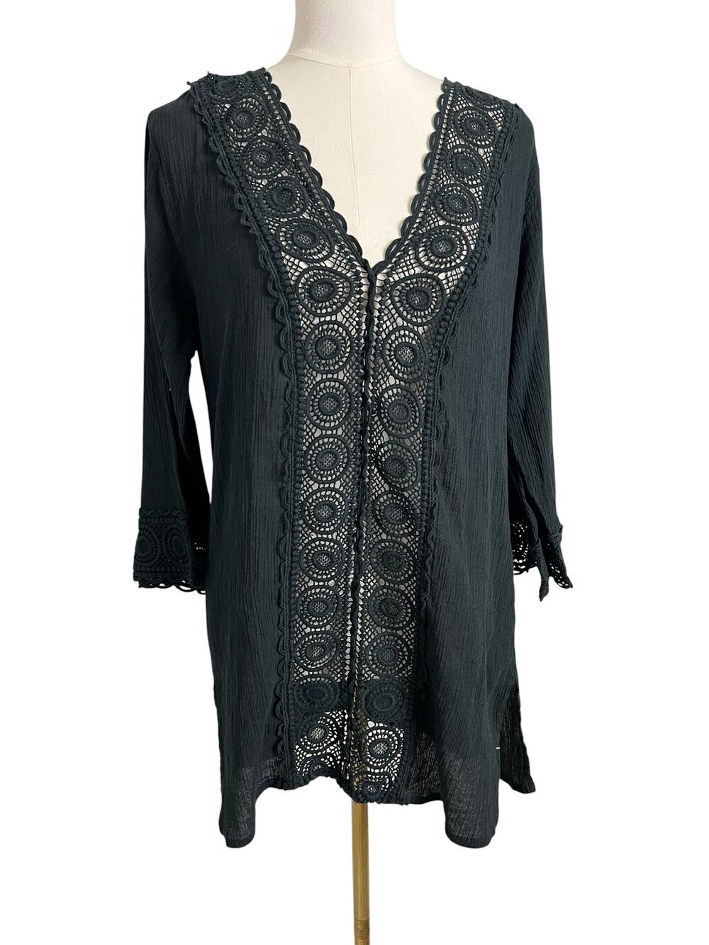 La Blanca Black Crochet Lace Swim Cover Up Tunic Beach Dress Size Small Boho